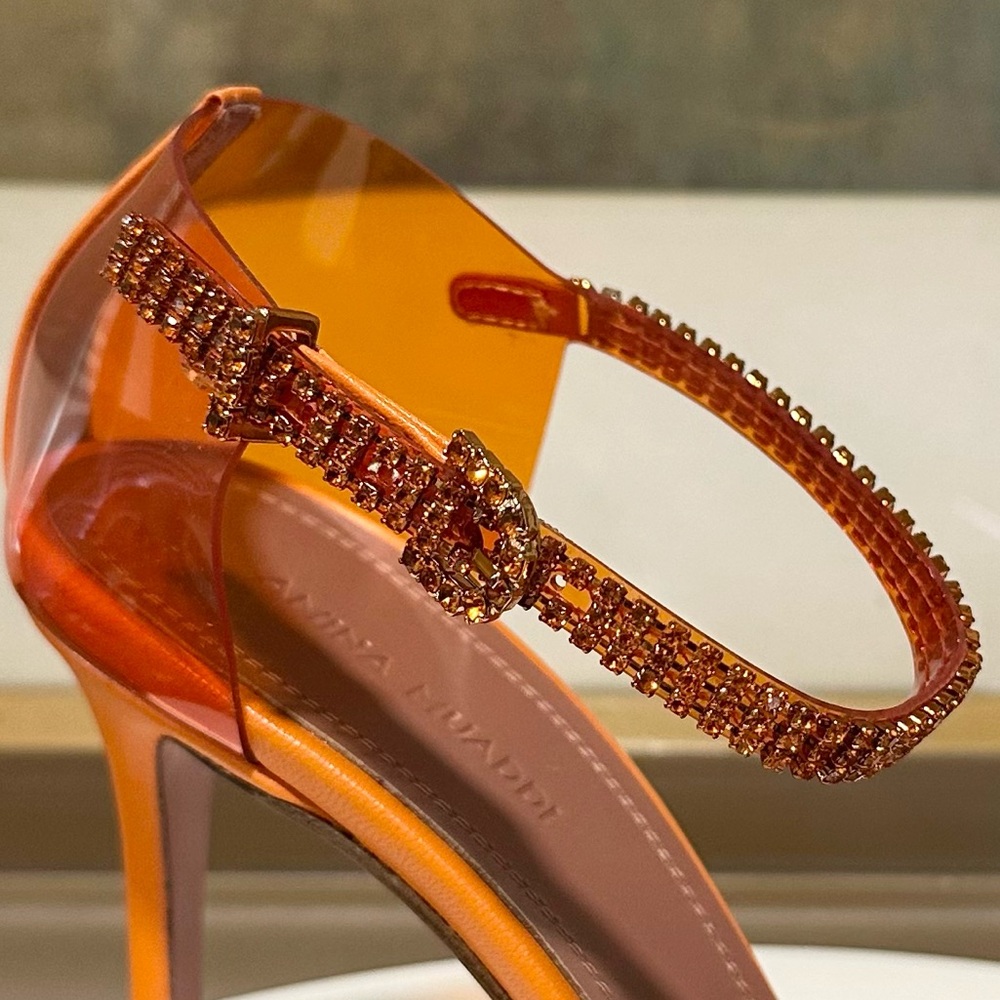 🌹AMINA MUADDI🌹Ursina Crystal-embellished Pvc Leather Pumps In Orange Size: 37 - Picture 10 of 13